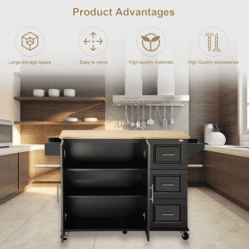 Kitchen Island & Kitchen Cart, Mobile Kitchen Island, Rubber Wood Top, Big & Adjustable Shelf Inside Cabinet for Different Utensils